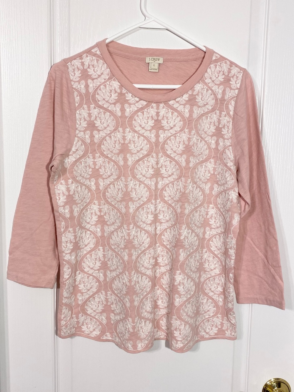J.Crew Embroidered Floral Cotton 3/4 Sleeve Top Tee Dusty Pink Size Large